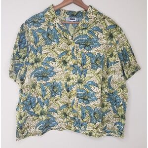 CM Shapes Gauzy Top‎ Sz 2X Button Up Short Sleeve Tropical Island Beachy Boho